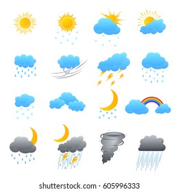 Cartoon Weather Color Icons Set Meteorology Forecast Concept For Web Design Flat Style. Vector Illustration