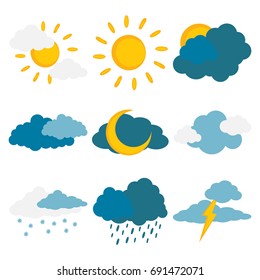 Cartoon weather icons set. Set of colorful weather forecast elements, isolated on white background. Eps 8