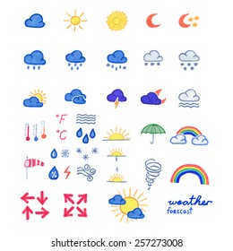 Cartoon weather icons set on the white background. Weather forecast  for web application or print. Original hand drawn pictograms. Childish stylization