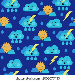 Cartoon weather pattern, rain, thunderstorm, clouds. Blue, light blue nature print.