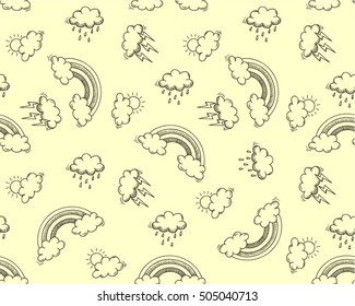 Cartoon weather seamless pattern with clouds and rainbow