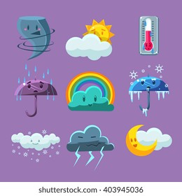 Cartoon Weather Set Of Flat Vector Cartoon Style Isolated Cute Girly Drawings On Light Blue Background