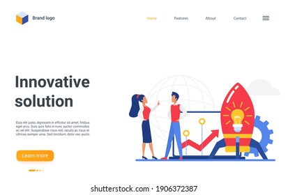 Cartoon website landing page design with starting rocket, light bulb, money, successful innovation or business project startup symbol. Innovative solution, creative business idea vector illustration