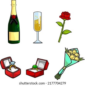 Accesorios para bodas de dibujos animados. Conjunto De Colección De Dibujo A Mano Del Vector Aislado En Fondo Blanco