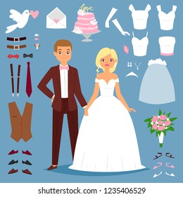 Cartoon wedding bride and groom couple vector illustration of young couple isolated on background and wedding icons like dress, dove, heart and wedding tools icons. Wedding people couple together