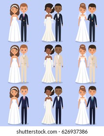 Cartoon wedding characters. Animated bride and groom standing in different poses. Couple newlyweds. Vector flat avatars people. Icons male, female.