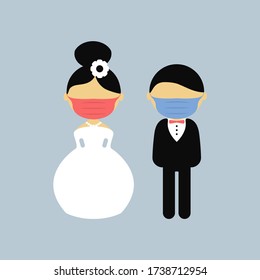 Cartoon wedding characters. Bride and groom wearing medical face mask. Couple newlyweds. Vector flat avatars people. Icons male, female. Covid-2019. Hygiene promotion. Corona virus