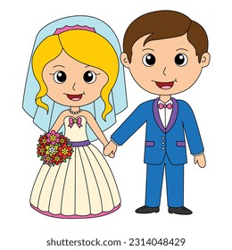 Página Boda de Caricatura: Coloración de Parejas. Ilustración De Novia Y Groom. Escena De Matrimonio. Sólo Ilustración Casada. Ley de Ceremonia de Matrimonio. Groom Con Un Tuxedo Y Una Novia Con Un Bouquet De Flores