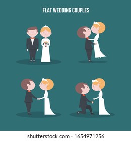 Cartoon wedding couple. Just married vector characters. Groom and bride love togetherness and happiness illustration