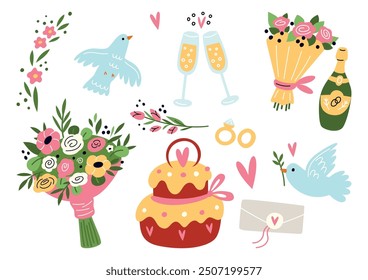 Cartoon-Hochzeitspaare. Hochzeitsfeier. Brautblumenstrauß. Blumengirlande. Champagner-Weingläser. Ferienkuchen. Einsatzringe. Romantischer Brief. Vektorgrafik