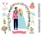 Cartoon wedding elements. Romantic couple characters in ceremonial outfits. Marriage celebration objects or accessories. Flower bouquets. Festive cake. Engagement rings