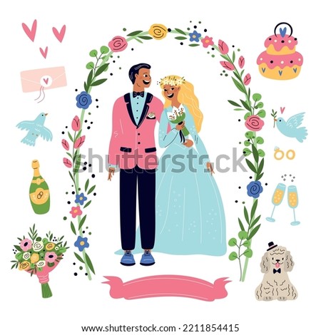 Cartoon wedding elements. Romantic couple characters in ceremonial outfits. Marriage celebration objects or accessories. Flower bouquets. Festive cake. Engagement rings