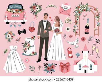 Cartoon wedding elements. Romantic party objects, bride and groom accessories, couple in love, married people, newlyweds, rings and dove, church and car, festive cake, tidy vector set