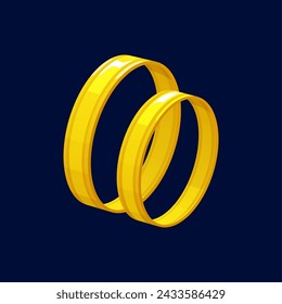 Cartoon wedding or engagement rings. Vector gold jewelry for bride and groom couple, bridal jewellery with engraved stripes. Shining golden wedding bands, engagement rings, marriage anniversary gift