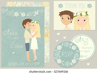 Cartoon wedding invitation card template vector/illustration