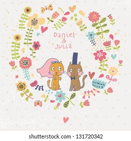 Cartoon wedding invitation. Romantic floral card with funny cats Ã¢Â?Â? groom and bride. Vector  wallpaper made of flowers. Ideal for wedding cards and Save the Date invitations.