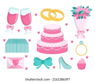 Cartoon Hochzeit Party-Paket. Süßes Fest Kuchen und Wein, bunter Blumenstrauß, Ring und Accessoires. Köstliche Dessertkuchen