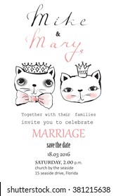 Cartoon wedding picture for invitation with cute cats