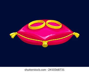 Cartoon wedding rings on red pillow for marriage and love, vector symbol. Golden rings of bride and bridegroom on velvet pillow with tassels for engagement or wedding ceremony invitation