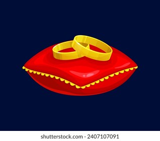 Cartoon wedding rings set. Marriage ceremony, anniversary and proposal precious jewelry, romantic love and Valentine holiday vector symbol with two golden rings on red silk pillows