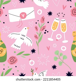 Cartoon wedding seamless pattern. Delicate romantic print. Love symbols. Pink hearts. Dove bird. Flowers and champagne wineglass. Engagement ring. Letter envelope. Garish