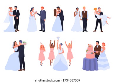Cartoon wedding set with groom and bride in various poses. Collection of happy wedding couples characters. Bridal ceremony. Marriage celebration isolated on white. Just married. Vector illustration