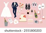 Cartoon wedding stickers. Marriage proposals, wedding decorations, engagement rings, romantic patches, gifts, bouquets and invitation cards. Vector illustration.