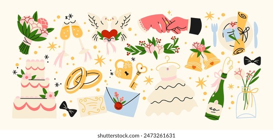 Cartoon wedding stickers. Marriage proposals, wedding decorations, engagement rings, romantic patches, gifts, bouquets and invitation cards. Set of trendy shapes in retro doodle style of the 90s