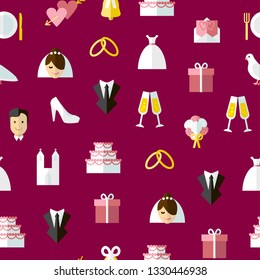 Cartoon Wedding Symbols Seamless Pattern Background Concept Ceremony Marriage Element Flat Design Style. Vector illustration of Celebration Icon