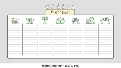 Cartoon weekly planner with people. Template for wrapping, notebooks, diary, school accessories. Doodle hand drawn vector illustration for kids.