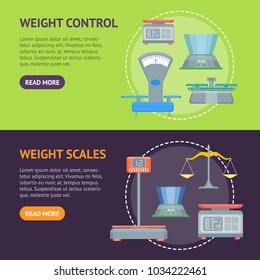 Cartoon Weight Scales Banner Horizontal Set Measurement Service Trade Concept Flat Design Style. Vector illustration of Weighting Equipment