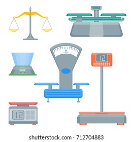 Cartoon Weight Scales Color Icons Set Measurement Service Trade Concept Flat Design Style. Vector illustration of Weighting Equipment