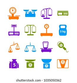 Cartoon Weight Scales Silhouette Color Icons Set. Symbol of Justice or Market Concept Flat Design Style. Vector illustration of Weighing Symbol