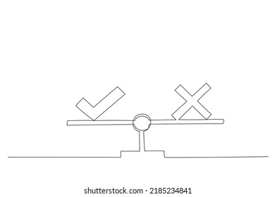 Cartoon of weight scales weighing cross and check mark. Choice, decision concept. Single continuous line art style
