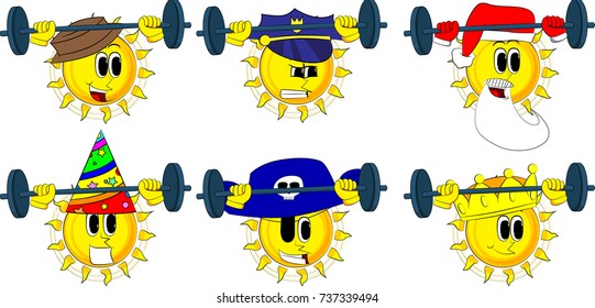 Cartoon weightlifter sun lifting barbell. Collection with costume. Expressions vector set.