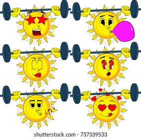 Cartoon weightlifter sun lifting barbell. Collection with various facial expressions. Vector set.