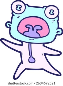 cartoon weird alien running away in bright neon colors