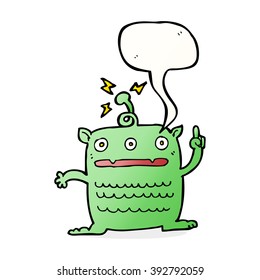 cartoon weird little alien with speech bubble