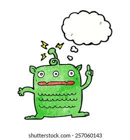 cartoon weird little alien with thought bubble