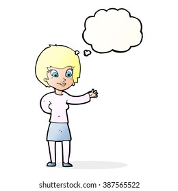 cartoon welcoming woman with thought bubble