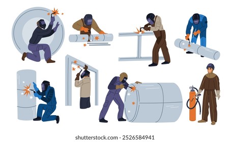 Cartoon welder characters work. People in protective masks welding metal. Sparks and fire. Building construction. Steel pipes connection. Industrial metalworking. Garish