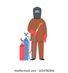 Cartoon welder with welding equipment, character for children. Flat vector illustration