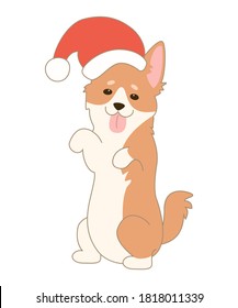 Cartoon welsh corgi in Christmas hat. Vector illustration.