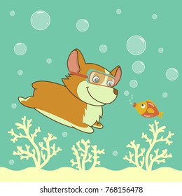 Cartoon welsh corgi dog diving in the ocean