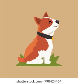 Cartoon welsh corgi dog sitting on green grass. Side view. Domestic animal with happy muzzle. Human s best friend. Flat vector design for card, book, poster or badge