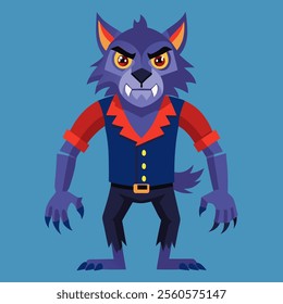 A cartoon werewolf character with red and blue vest