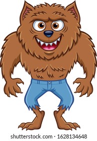 Cartoon of a werewolf character that is standing with ripped pants and grinning wildly with teeth showing in a menacing way.