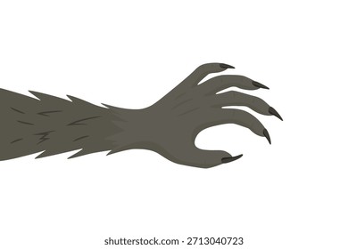 Cartoon Werewolf Claw Hand, Vector Illustration. Hairy Monster Arm with Sharp Nails. Scary Horror Halloween Illustration. Beast Paw Reaching Isolated Clipart