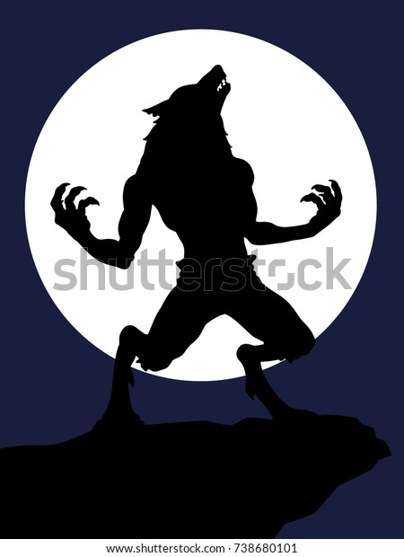 Cartoon Werewolf Howling Silhouette Moon Background.