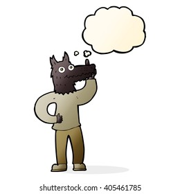 cartoon werewolf with idea with thought bubble